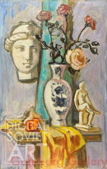 Still Life on Chair with Roses in Vase and Figurines – Н-рт с розами