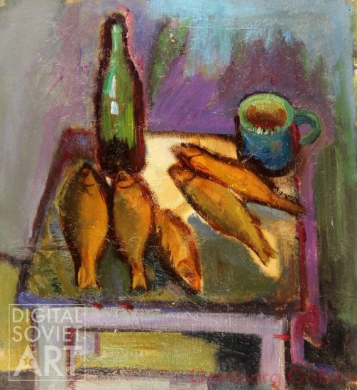 Still Life with Fish and Bottle on a Stool – Без названия