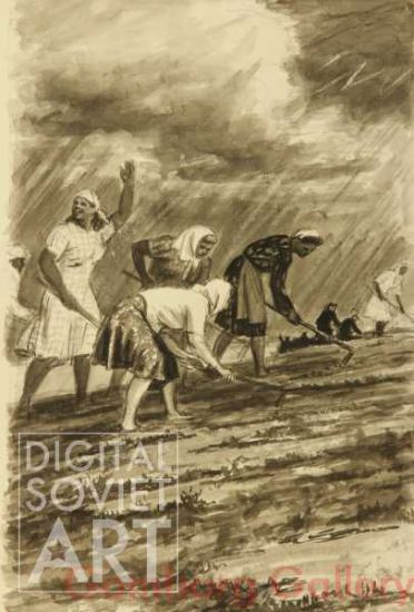 In the Field. Illustration to the book "Жатва" (Harvest) by Galina Nikolaeva of 1950. The book won the Stalin prize in 1951. – В поле