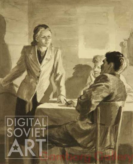 The first Meeting of the Party-Cell. Illustration to the book "Жатва" (Harvest) by Galina Nikolaeva of 1950. The book won the Stalin prize in 1951. – Первое заседание партячейки