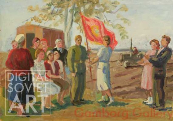 The Female Tractor Brigade is Being Awarded the Red Banner of the Central Committe of Mordova. – Женскую тракторную бригаду награждают красным знаменем ЦК Комсомола Мордовии.1942