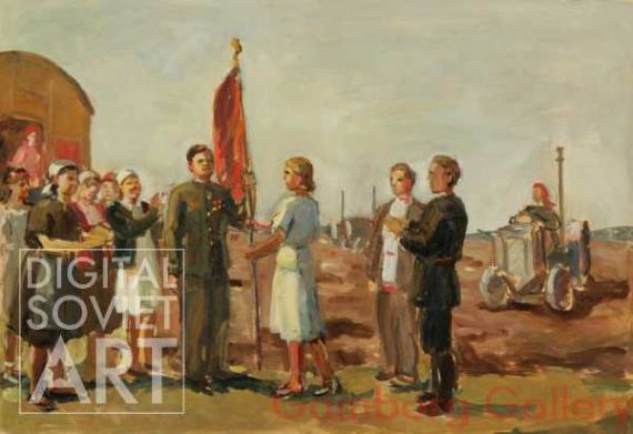 The Female Tractor Brigade is Being Awarded the Red Banner of the Central Committe of Mordova. – Женскую тракторную бригаду награждают красным знаменем ЦК Комсомола Мордовии. 1942